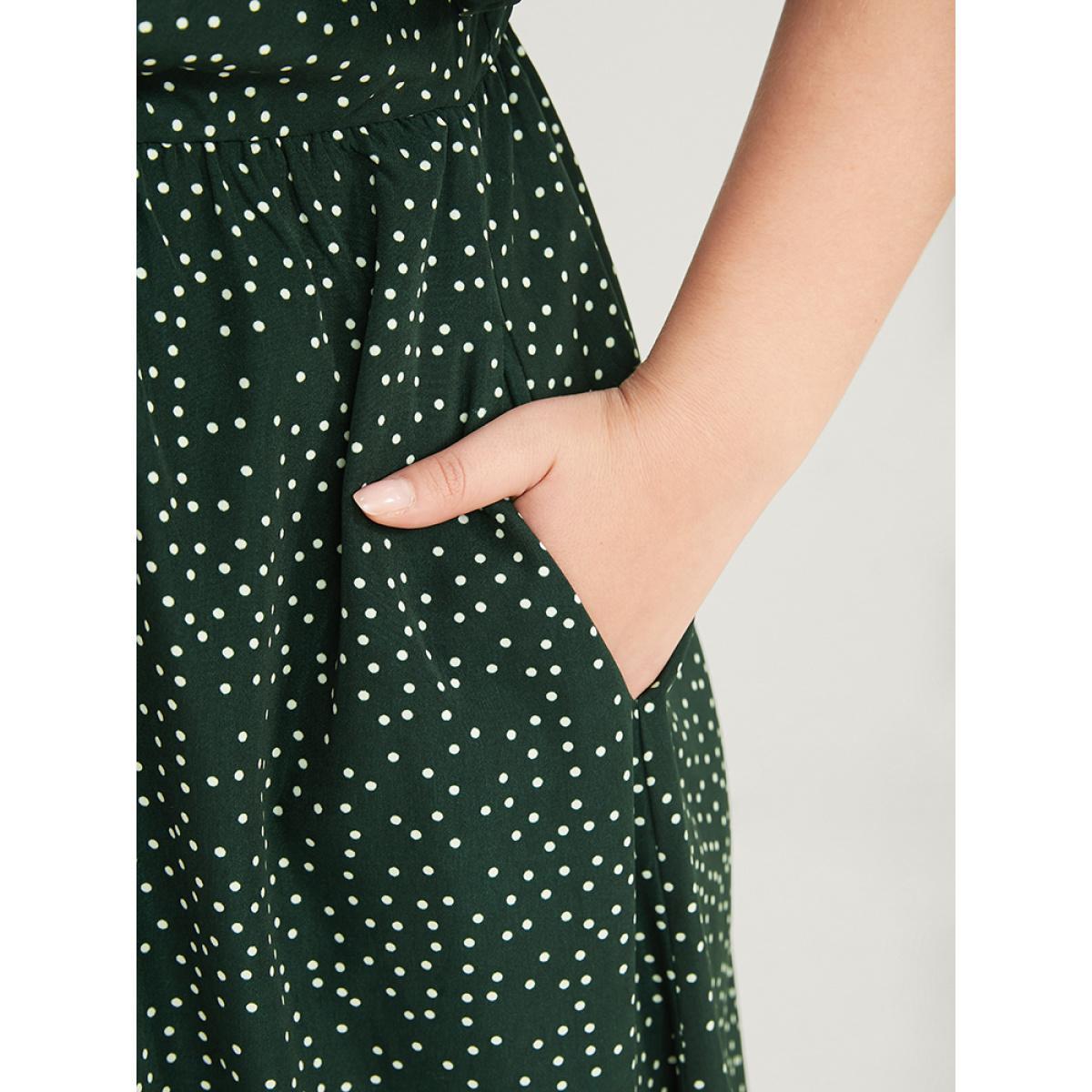 Plus Size Polka Dot Twist Front Pocket Flutter Hem Dress DarkGreen Women Elegant Pocket V-neck Short sleeve Curvy Midi Dress BloomChic 12/L Product Image