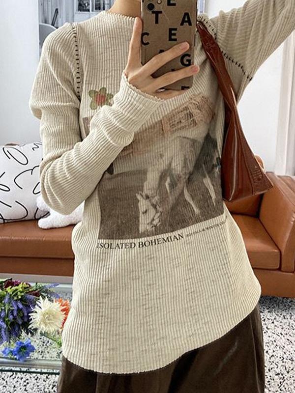 Vintage Print Stitch Detail Long Sleeve Knit Product Image