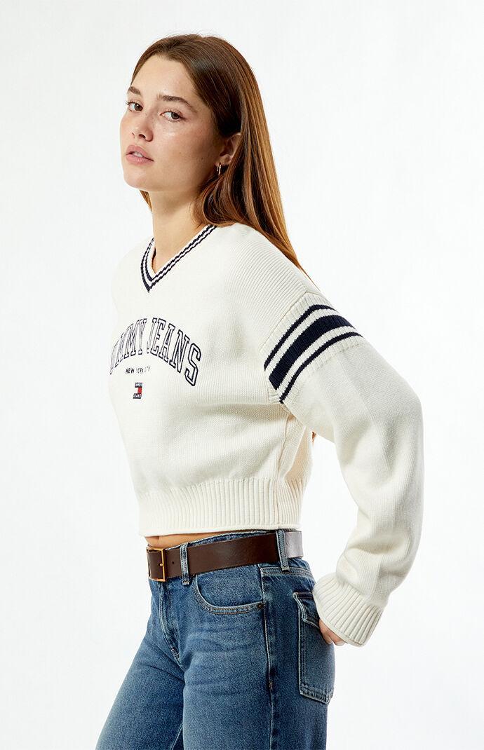 Tommy Jeans Women's Varsity V-Neck Cropped Sweater Product Image