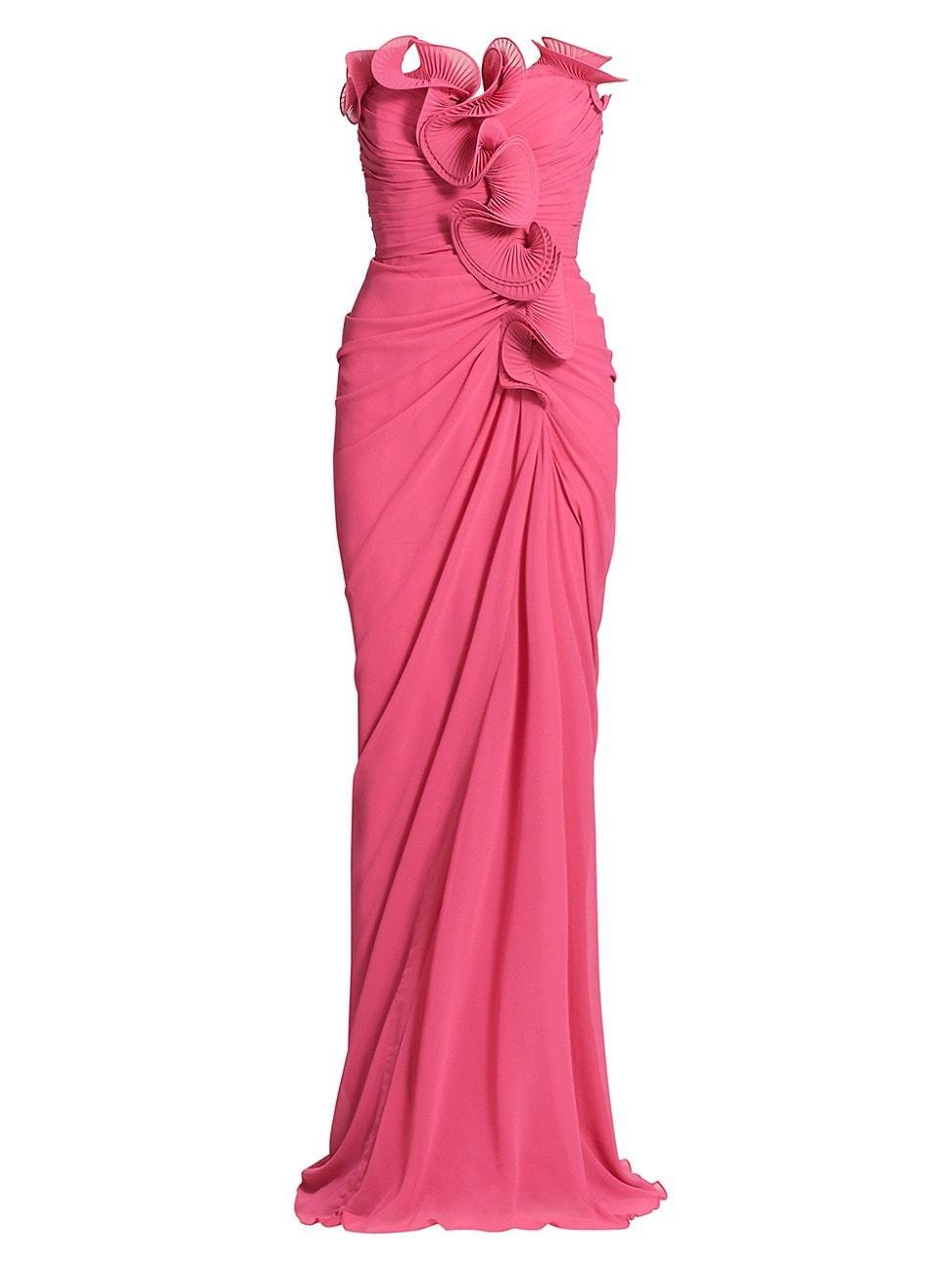 Womens Ruffled Georgette Strapless Gown Product Image