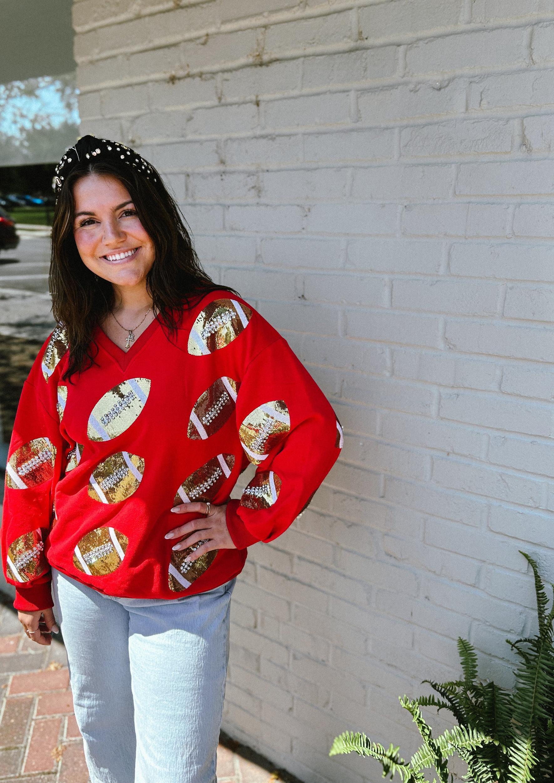 Red & Gold Rhinestone Lace Football Sweatshirt Product Image