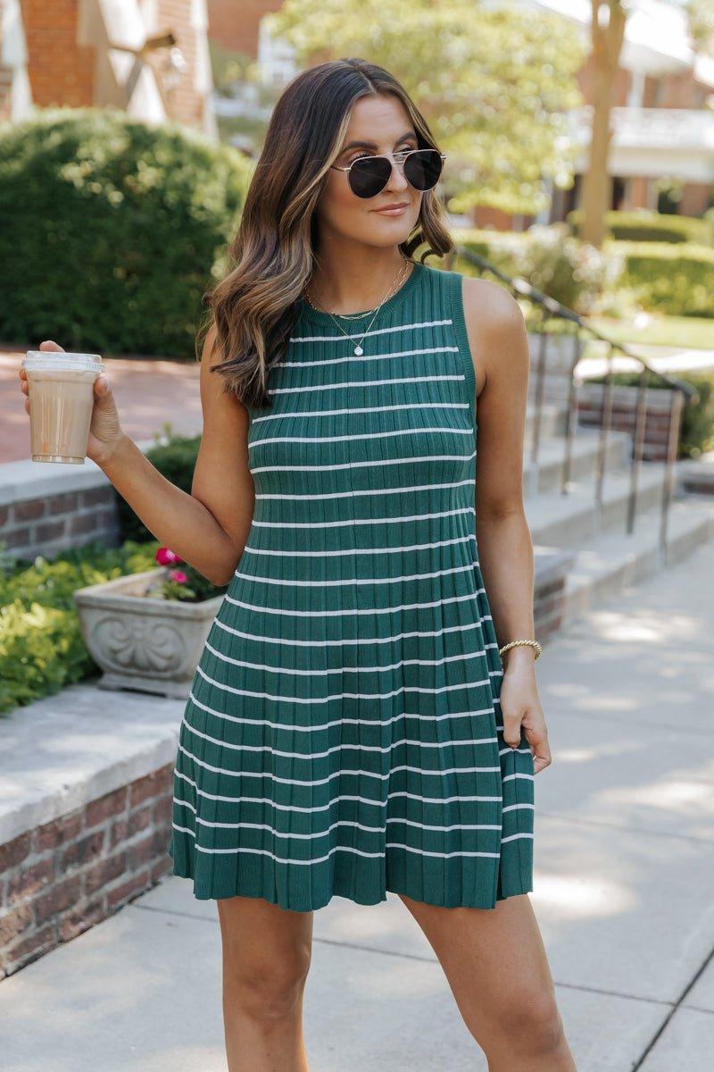 Green Stripe Pleated Mini Dress-FINAL SALE Product Image