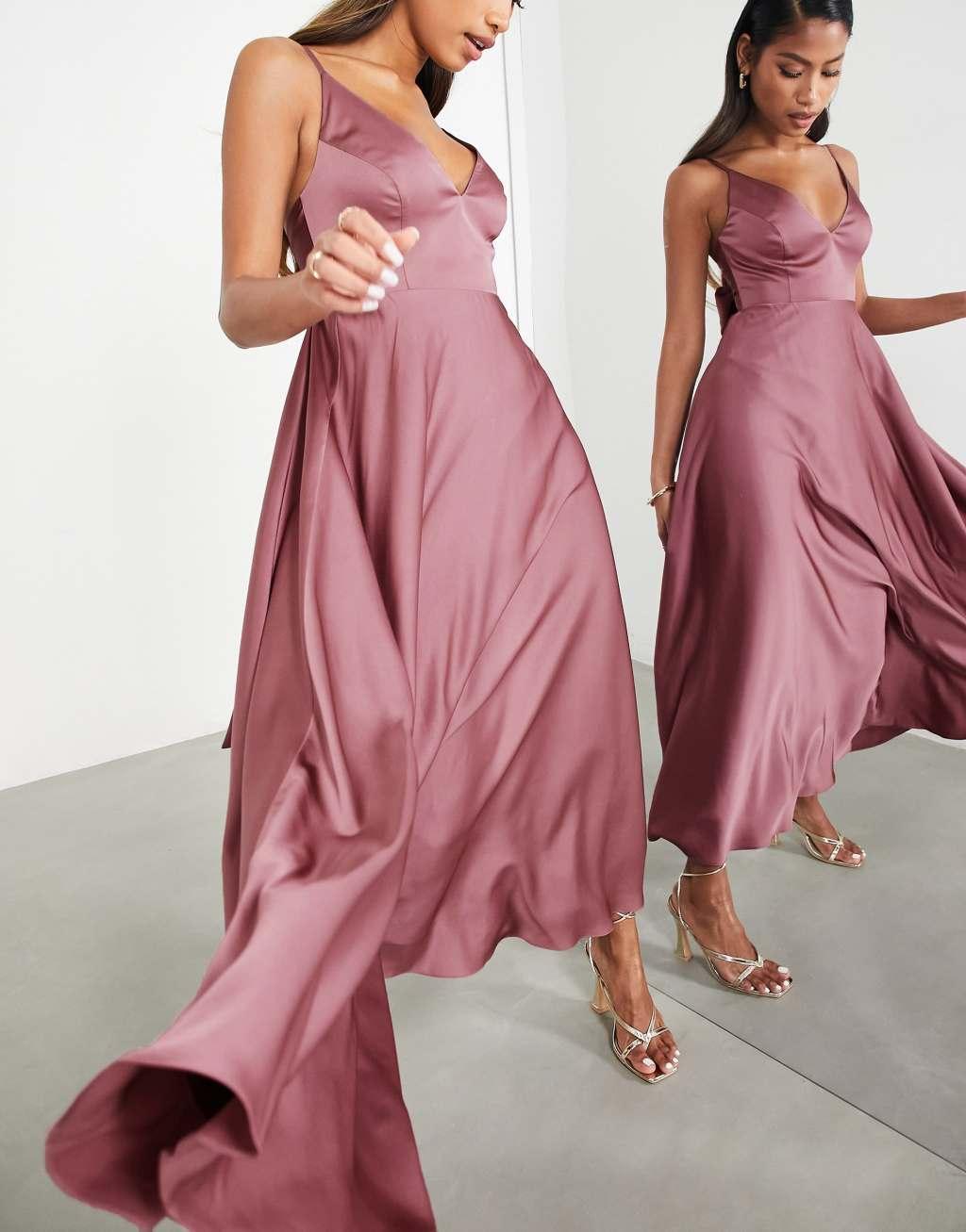 ASOS DESIGN Bridesmaid satin midi dress with tie back Product Image