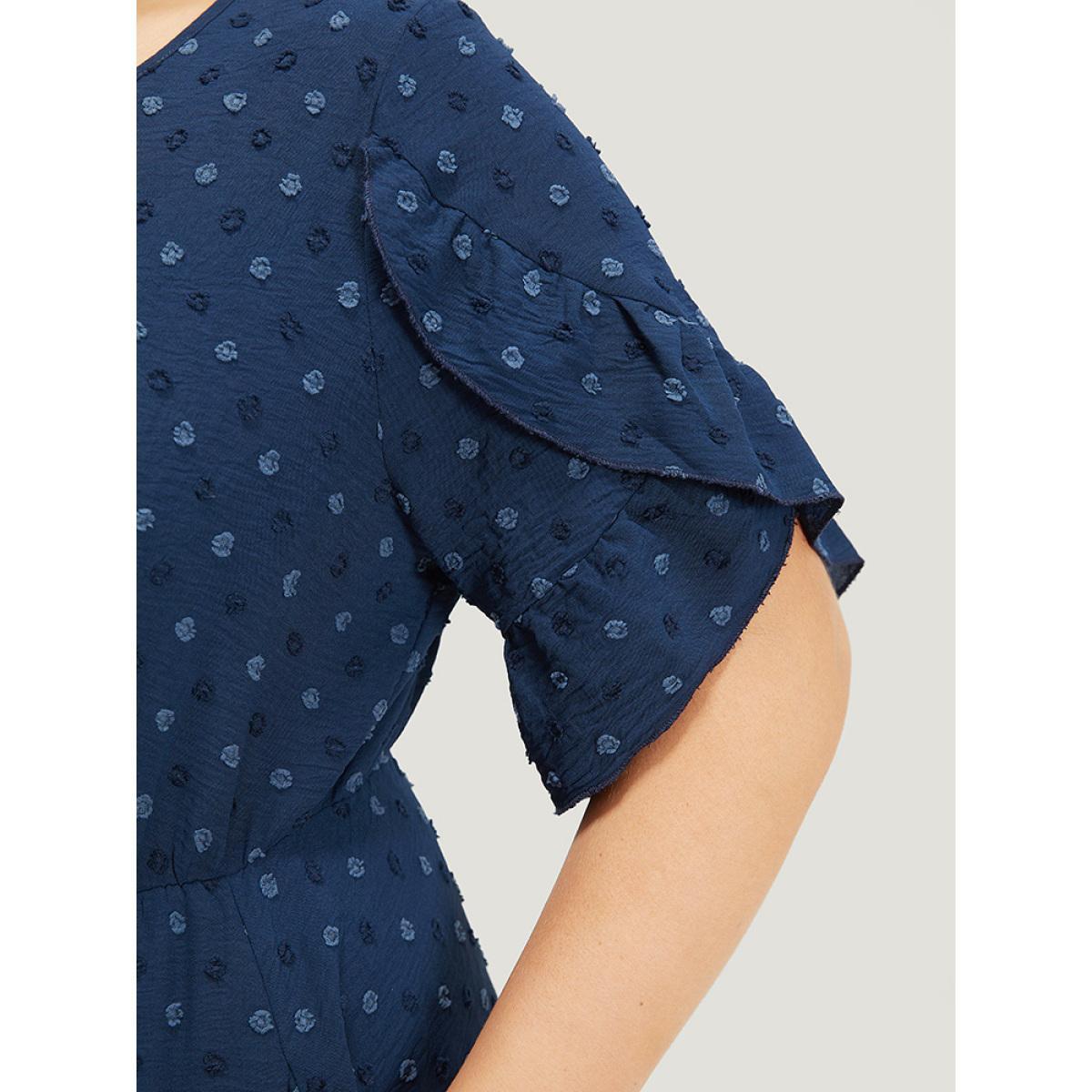 Plus Size Polka Dot Pocket Cut Out Petal Sleeve Dress DarkBlue Women Office Plain Round Neck Short sleeve Curvy Midi Dress BloomChic 22-24/3X Product Image