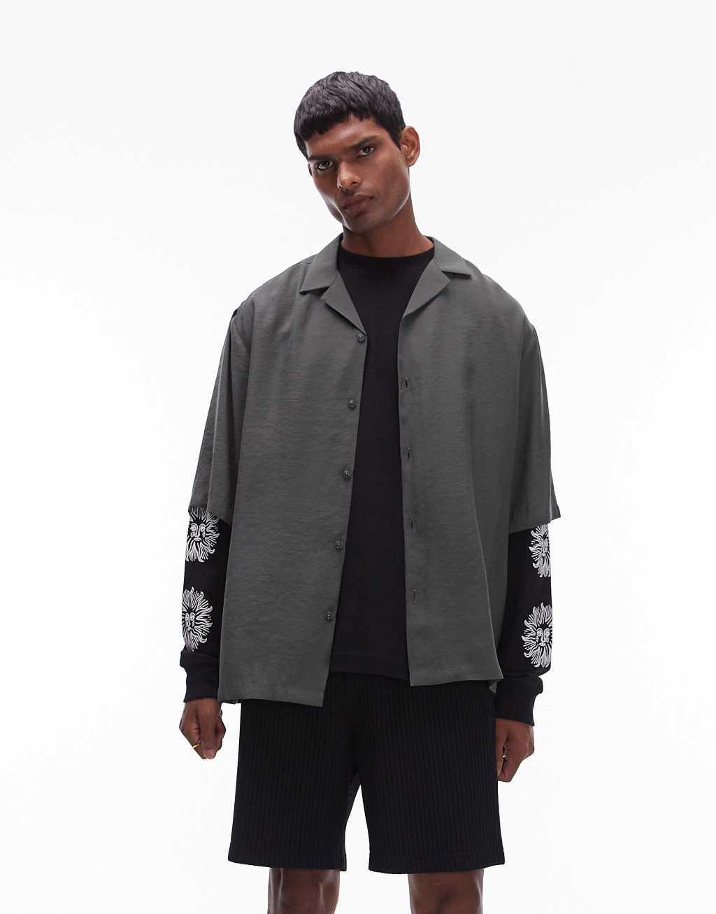 Topman short sleeve relaxed satin shirt in khaki Product Image