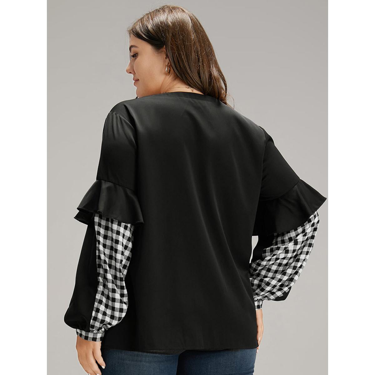 Plus Size Black Gingham Patchwork Ruffle Trim Blouse Women Office Long Sleeve V-neck Work Blouses BloomChic 22-24/3X Product Image