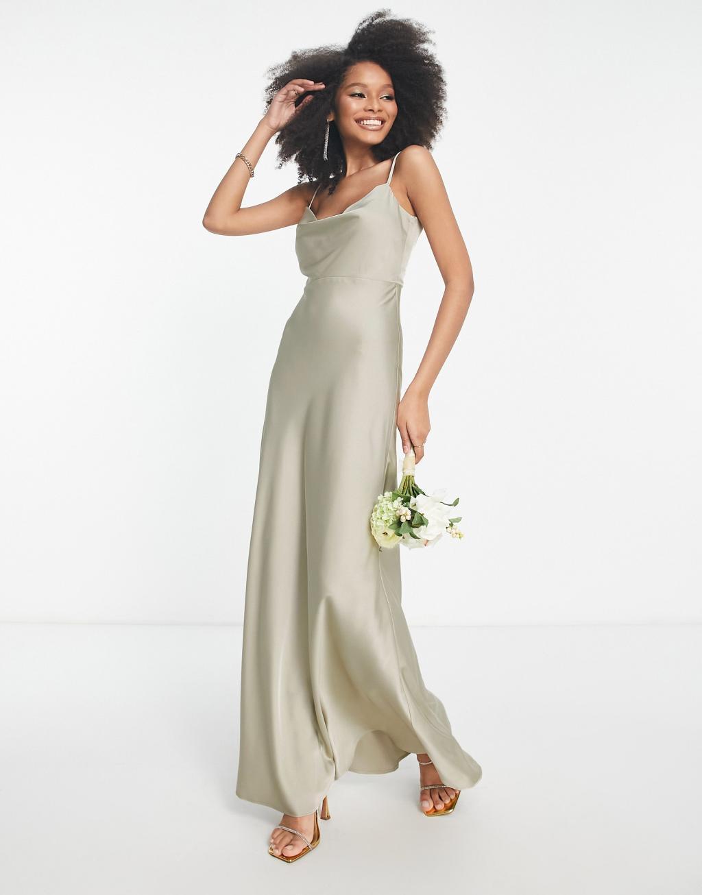 ASOS DESIGN Bridesmaid satin cowl neck maxi dress with full skirt Product Image