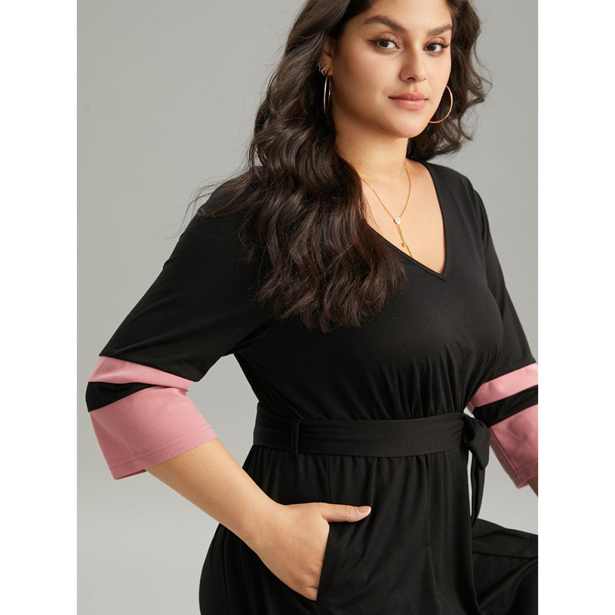 Plus Size Colorblock Contrast Elastic Waist Pocket Belted Dress Black Women Casual Belted V-neck Elbow-length sleeve Curvy Midi Dress BloomChic 14-16/1X Product Image