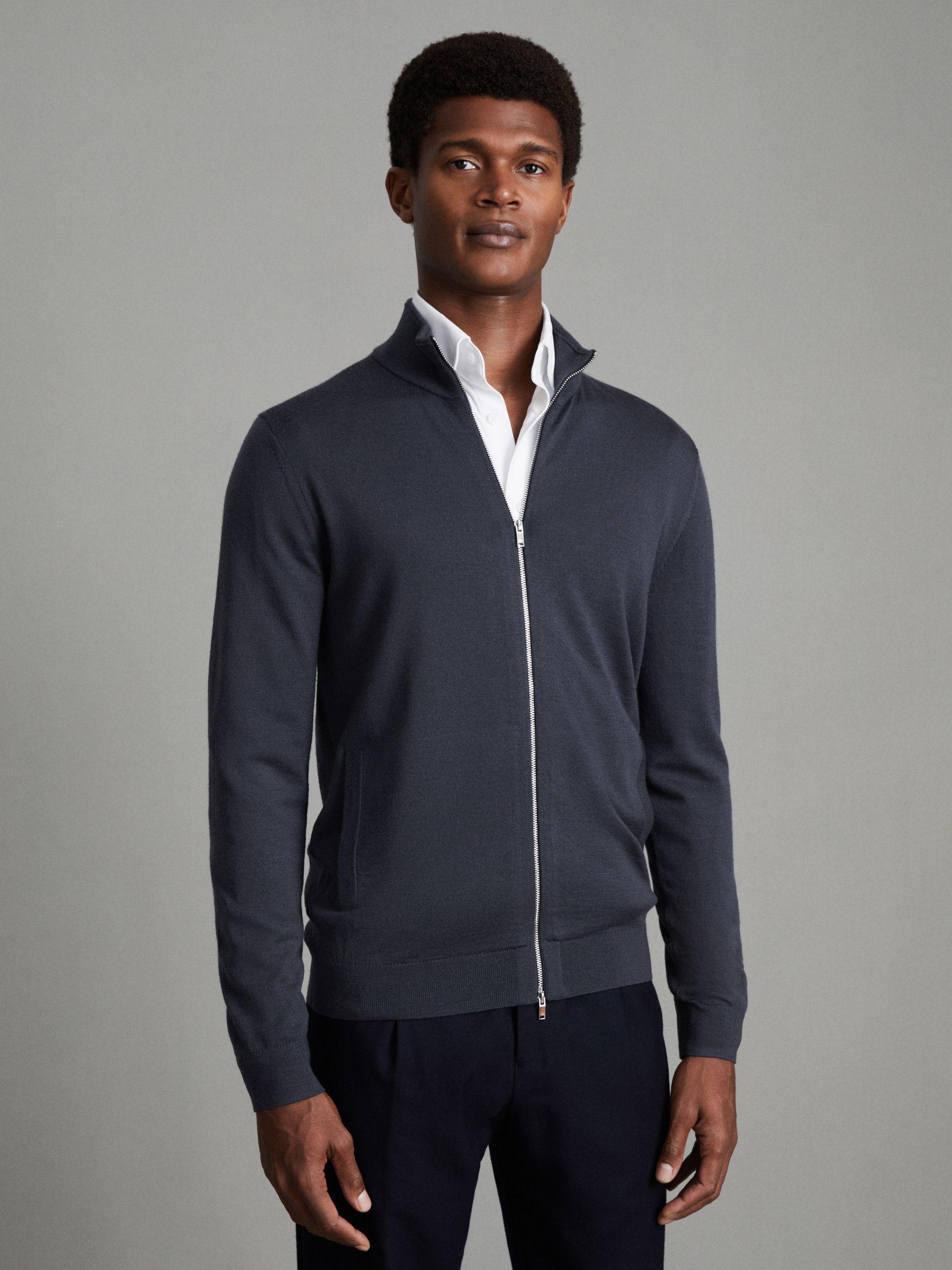 Merino Wool Funnel-Neck Cardigan in Blue Smoke Product Image