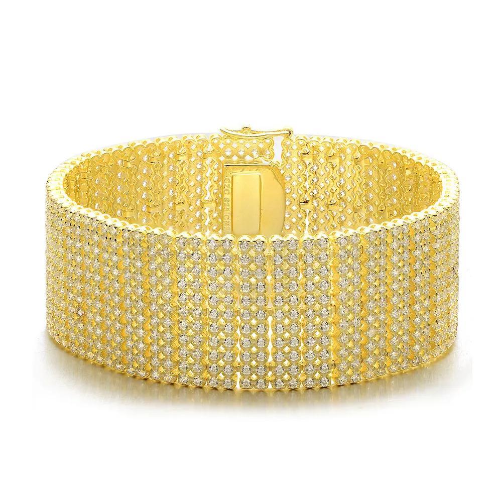 Sterling Silver 14k Gold-Plated Cubic Zirconia Wide Mesh Cuff Bracelet, Women's, Size: 7.25", Gold Tone Product Image