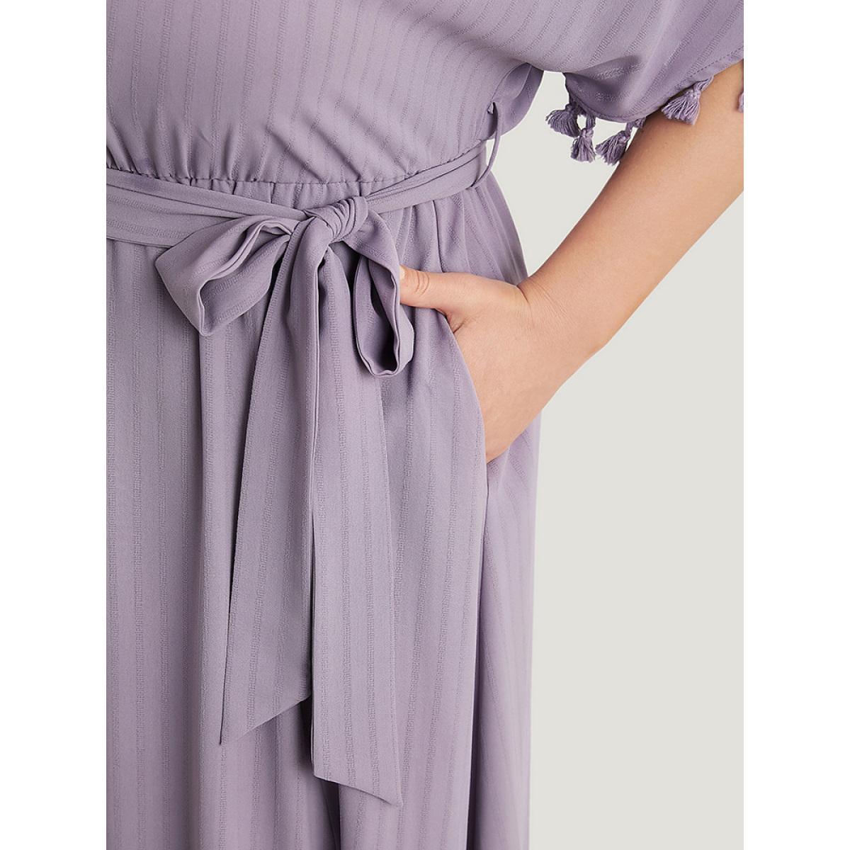 Plus Size Plain Striped Dolman Sleeve Split Belted Tassels Trim Dress Mauve Women Elegant Elastic Waist V-neck Half Sleeve Curvy Midi Dress BloomChic 18-20/2X Product Image