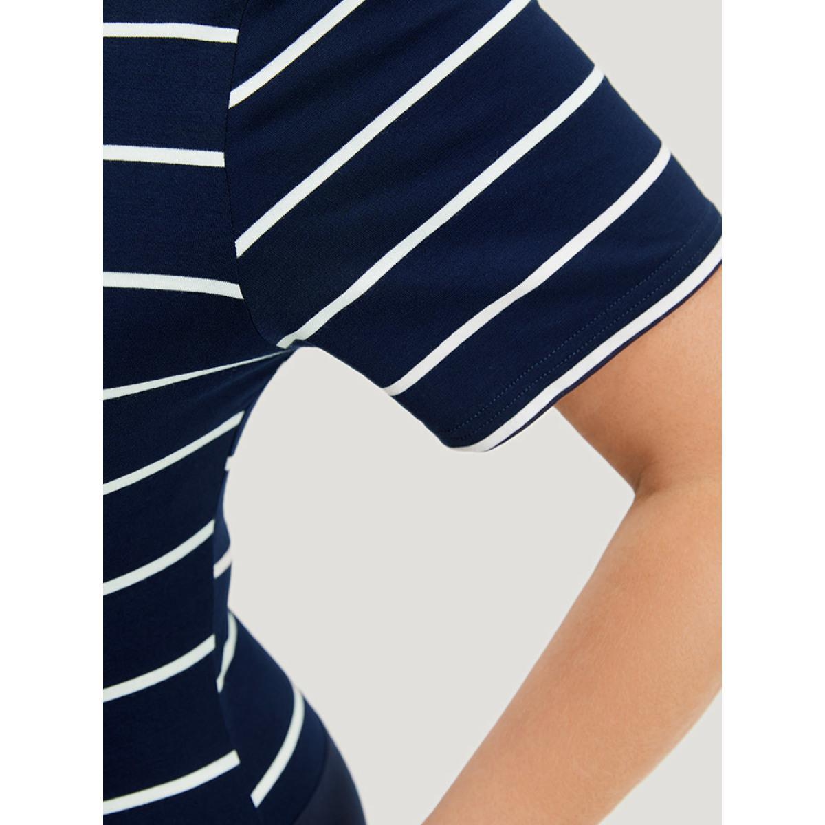Plus Size Striped Contrast Patchwork Crew Neck Bodysuit Women Midnight Striped Bodysuits BloomChic 14-16/1X Product Image