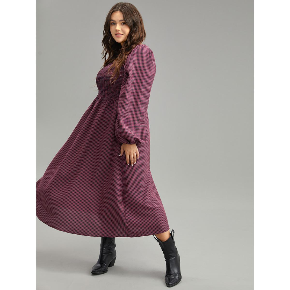 Plus Size Gingham Square Neck Frill Trim Shirred Dress RedViolet Women Casual Elastic cuffs Square Neck Long Sleeve Curvy Midi Dress BloomChic 10/M Product Image