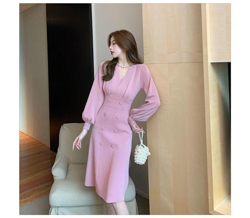 Long-Sleeve V-Neck Plain Double Breasted Midi A-Line Dress Product Image