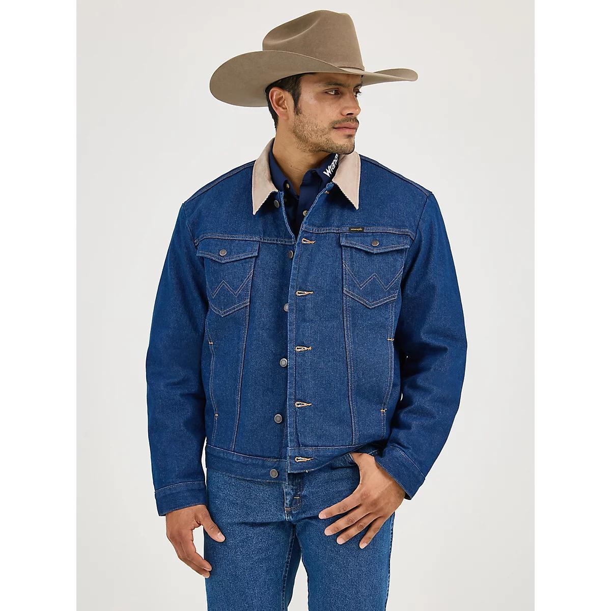 Men's Wrangler® Blanket Lined Corduroy Collar Denim Jacket in Prewashed Product Image