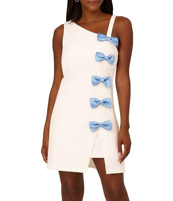 Adrianna Papell Crepe Asymmetrical One Shoulder Neck Sleeveless Bow Trim A-Line Dress Product Image