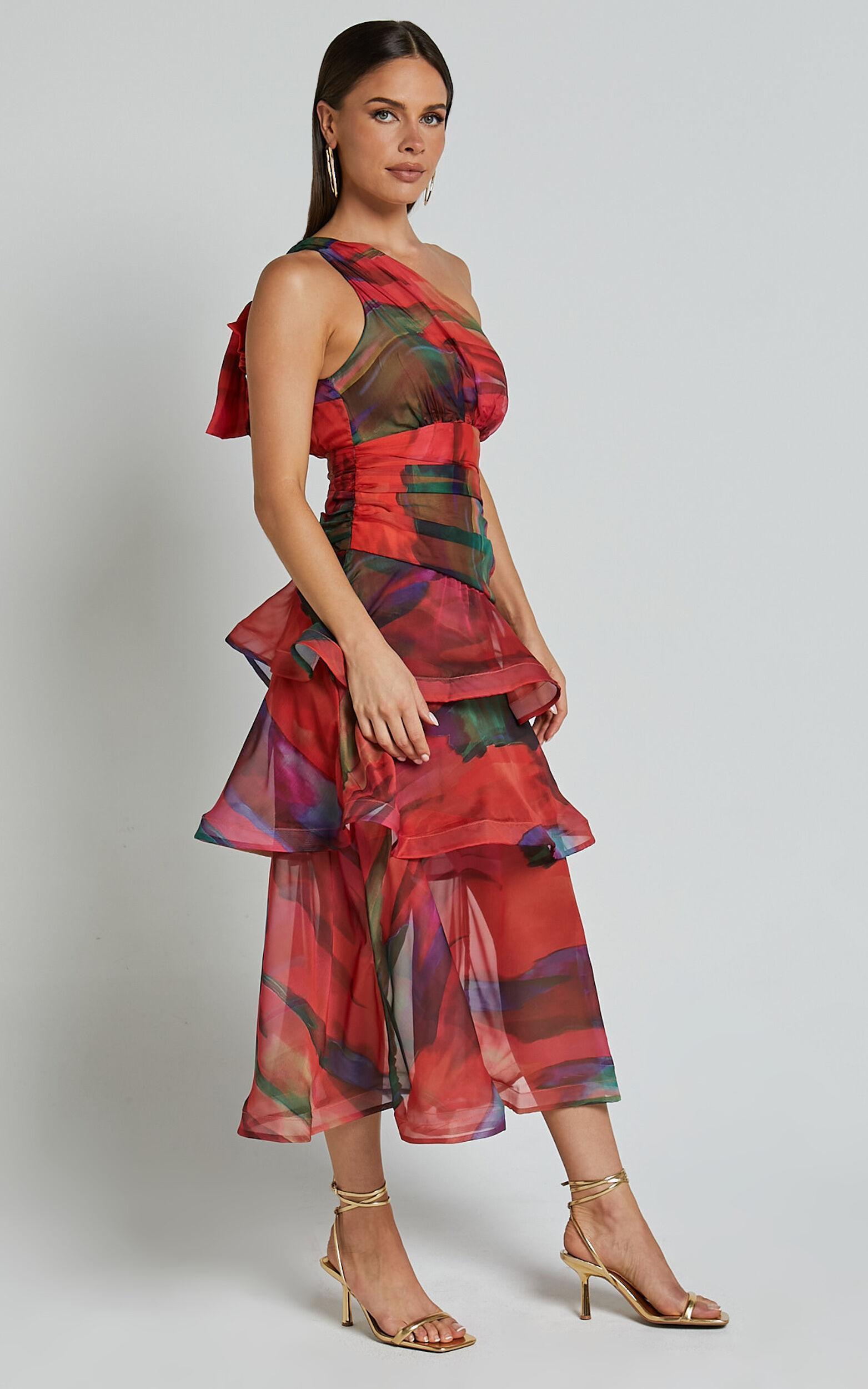 Chelsea Midi Dress - One Shoulder Tie Strap Layered Dress in Print Product Image
