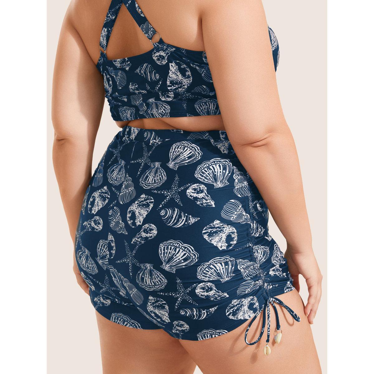 Plus Size Shell Print Drawstring Side Skinny Swim Bottom Women's Swimwear Indigo Beach Drawstring High stretch Skinny High Rise Curve Swim Bottoms BloomChic 26/4X Product Image