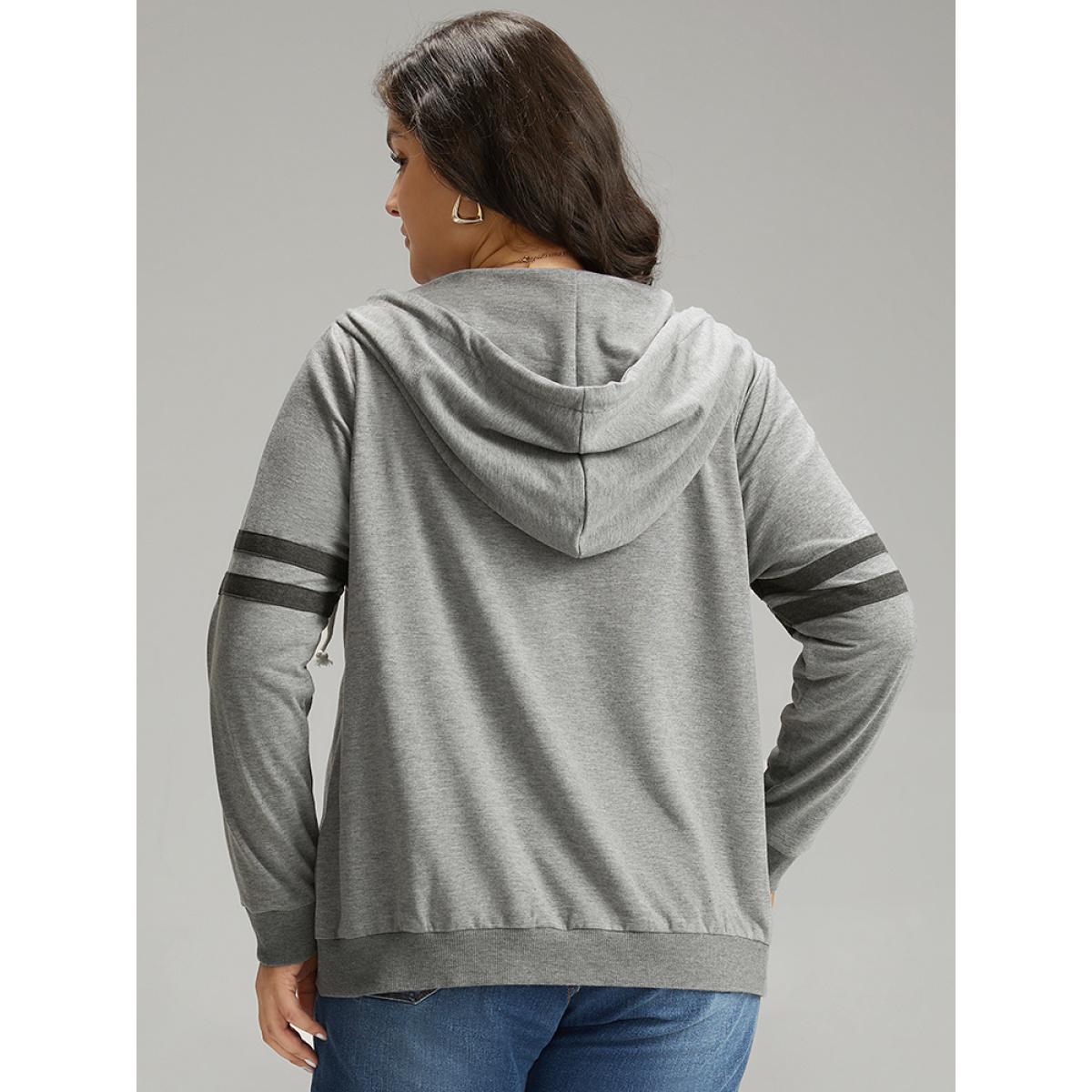 Plus Size Striped Hooded Pocket Zipper Fly Sweatshirt Women Gray Casual Elastic cuffs Hooded Dailywear Sweatshirts BloomChic 14-16/1X Product Image