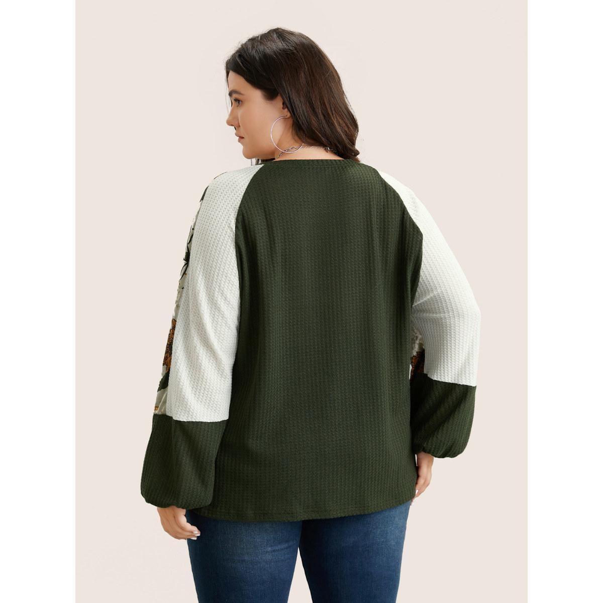 Plus Size Waffle Knit Patchwork Floral Print T-shirt ArmyGreen Women Casual Velvet Floral Round Neck Everyday T-shirts BloomChic 28/5X Product Image