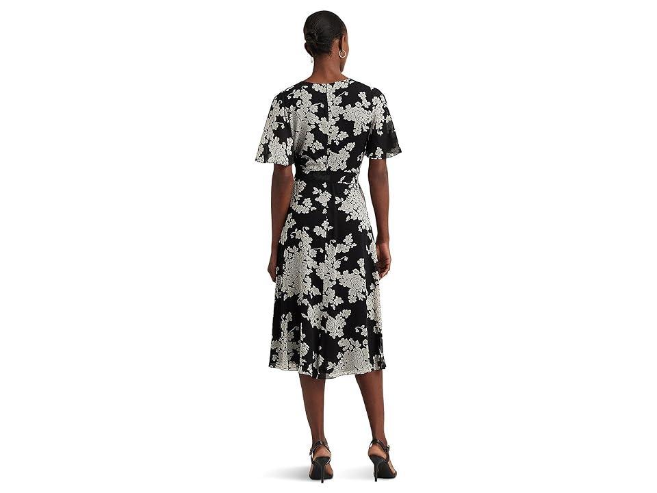 Lauren Ralph Lauren Floral Belted Crinkle Georgette Dress Cream) Women's Dress Product Image