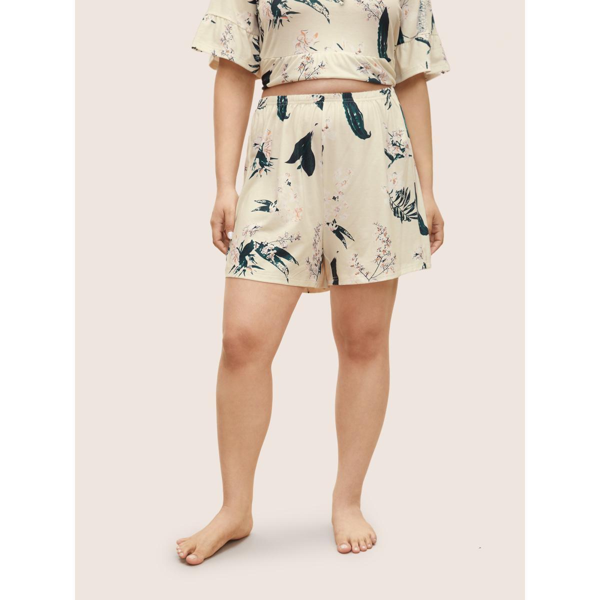 Plus Size Plants Print Knot Ties Gathered Pajama Sets Women Yellow Plants Non Half Sleeve Round Neck Lounge Loungewear Sets BloomChic 26/4X Product Image