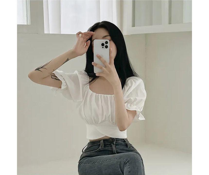 Short-Sleeve Square Neck Plain Crop Blouse Product Image