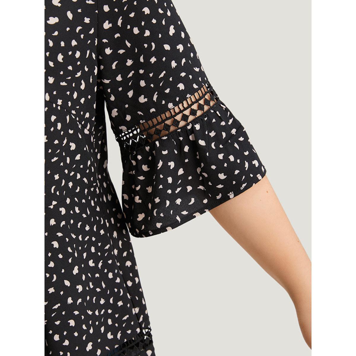 Plus Size Black Leopard Print Flutter Sleeve Keyhole Hollow Out Blouse Women Elegant Half Sleeve Keyhole Cut-Out Dailywear Blouses BloomChic 10/M Product Image