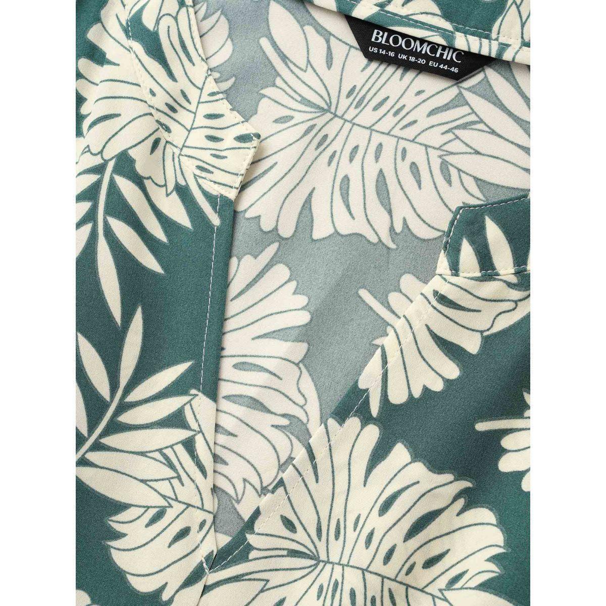 Plus Size Tropical Print Belted Gathered Lantern Sleeve Dress Teal Women Resort Gathered Flat collar with V-notch Elbow-length sleeve Curvy BloomChic 14-16/1X Product Image