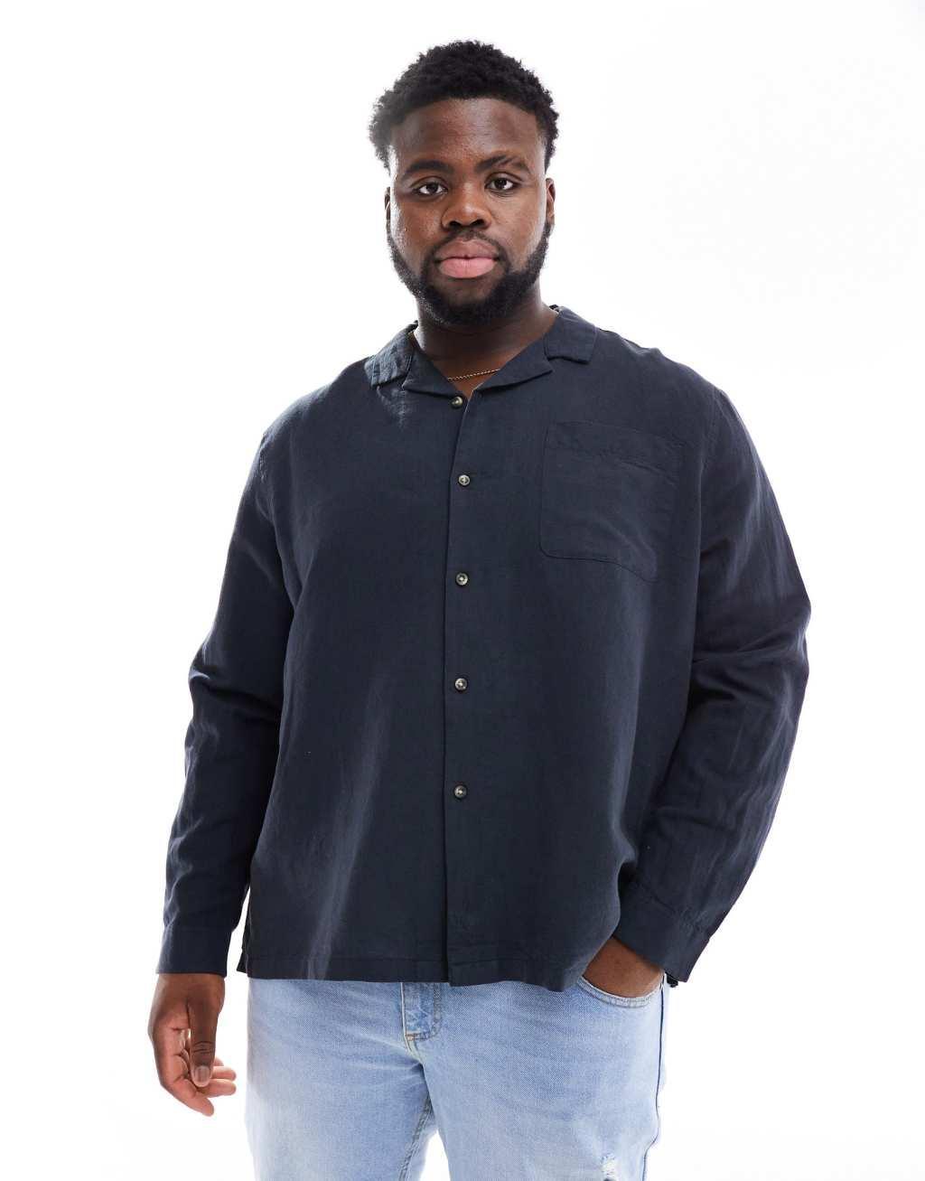 ASOS DESIGN relaxed camp collar shirt in linen mix with patched pocket in black Product Image