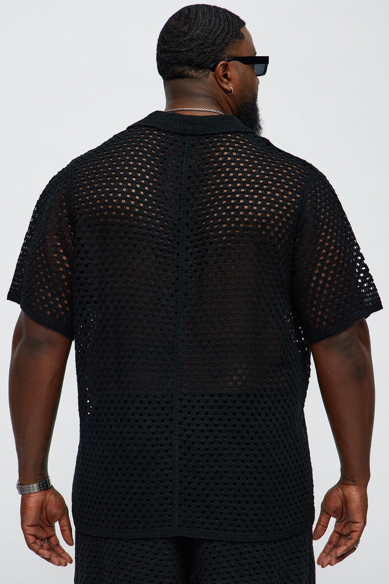 Crochet Panel Cuban Collar Button Up Shirt - Black/combo Product Image