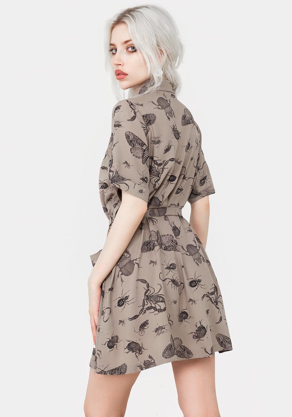 Parasite Bugs Print Mini Short Sleeve Shirt Dress - Taupe Product Image