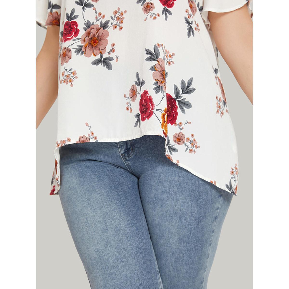 Plus Size White Floral Print High Low Hem Flutter Blouse Women Elegant Short sleeve V-neck Dailywear Blouses BloomChic 18-20/2X Product Image
