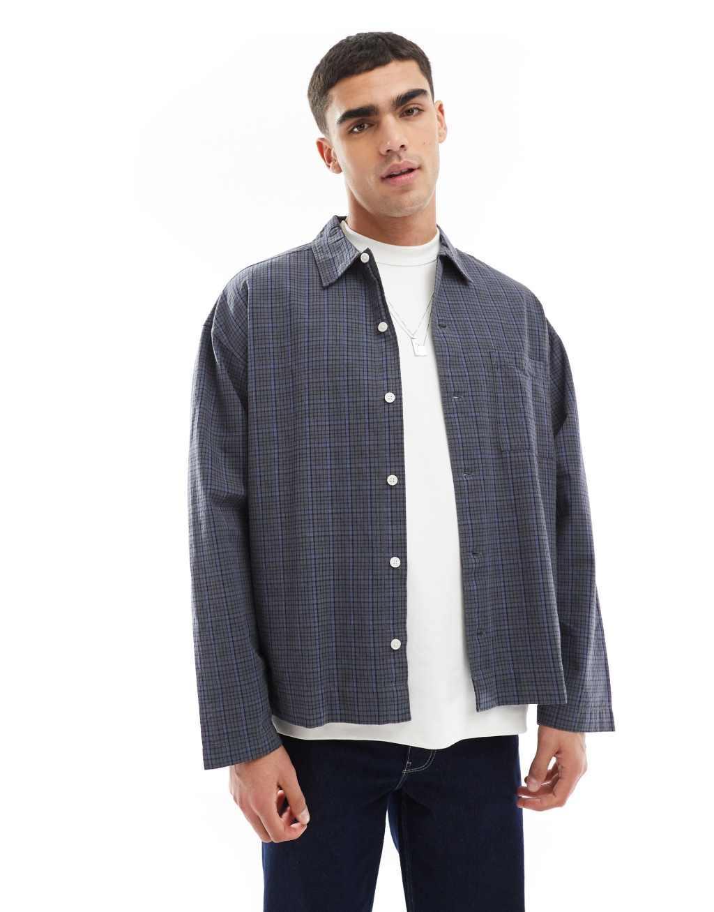 Jack & Jones boxy plaid shirt in navy Product Image
