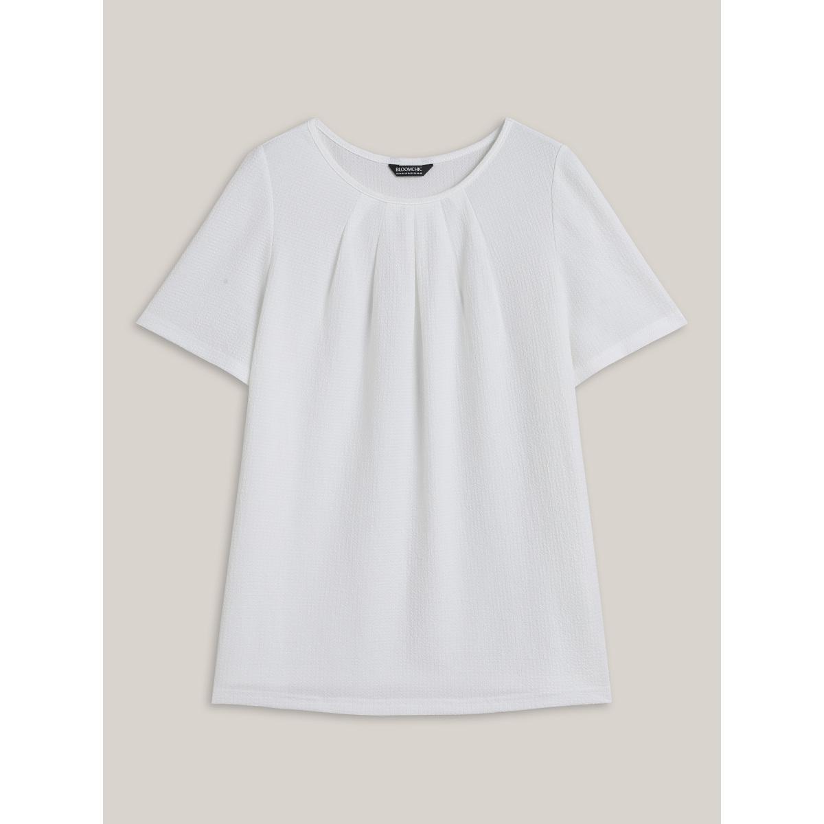 Plus Size Stretchy Textured Pleated Round Neck T-Shirt Ivory Women Casual Texture Round Neck Everyday T-shirts BloomChic 10/M Product Image