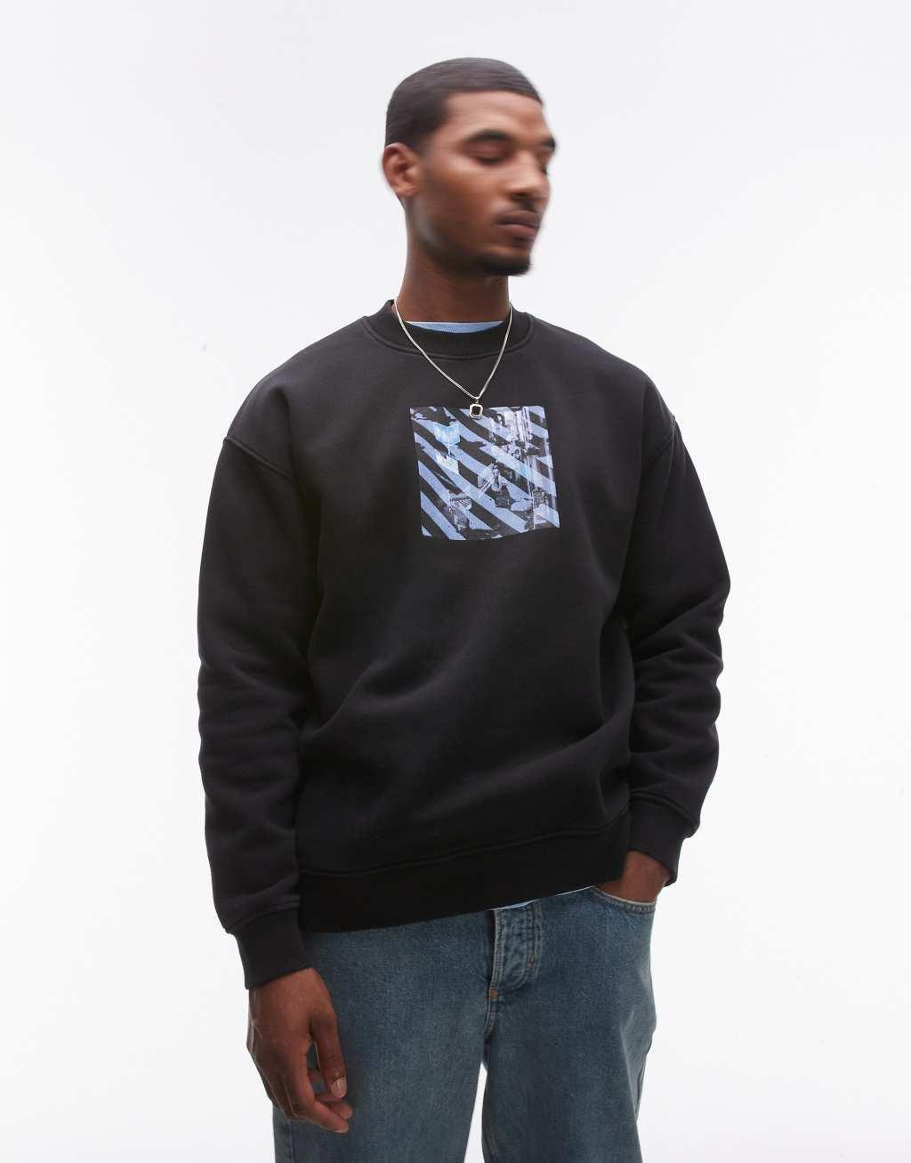 Topman oversized fit sweatshirt with Tokyo street print in washed black Product Image