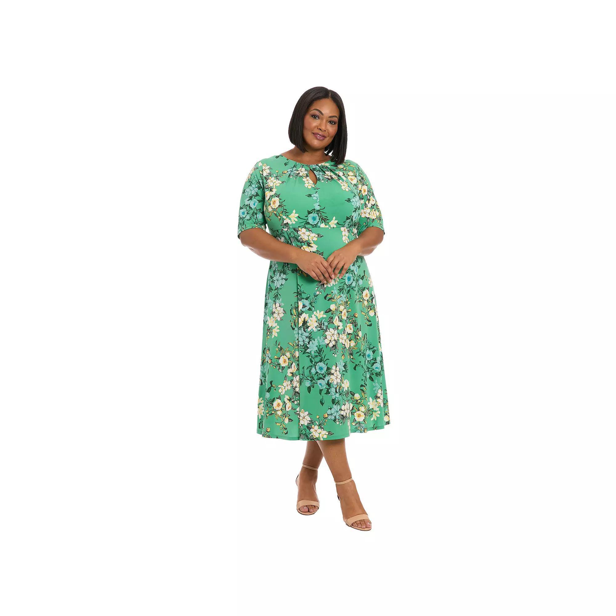 Plus Size London Times Short Sleeve Keyhole Midi Dress, Women's, Size: 14 W, Green Product Image