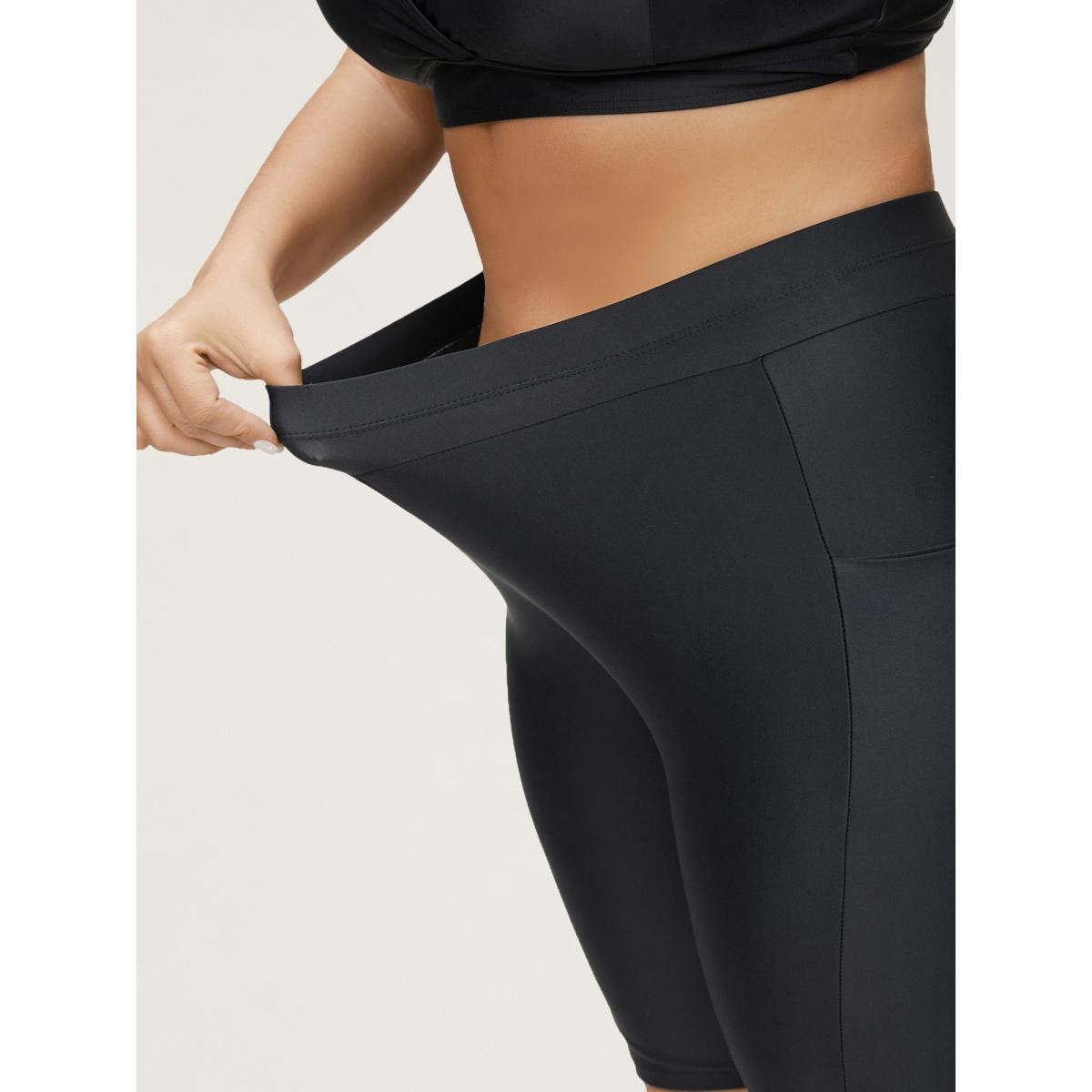 Plus Size Super Stretchy Pocket Skinny-Fit Swim Bottom Women's Swimwear Black Beach Non High stretch Skinny High Rise Slanted pocket Curve Swim Bottoms BloomChic 10/M Product Image