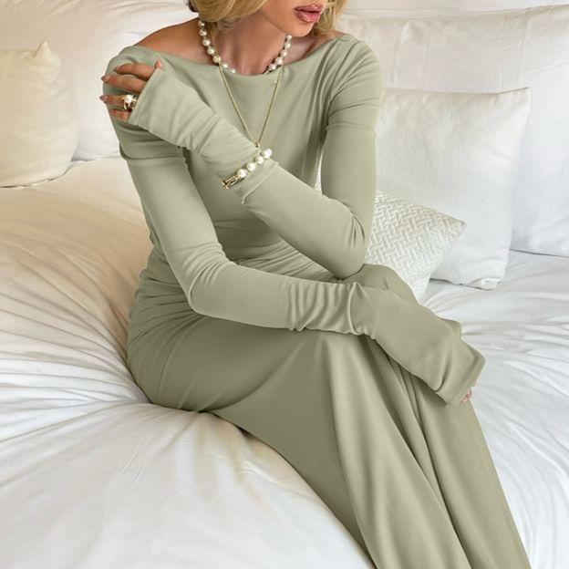 Long Sleeve Boat Neck Plain Ruched Maxi Sheath Dress Product Image