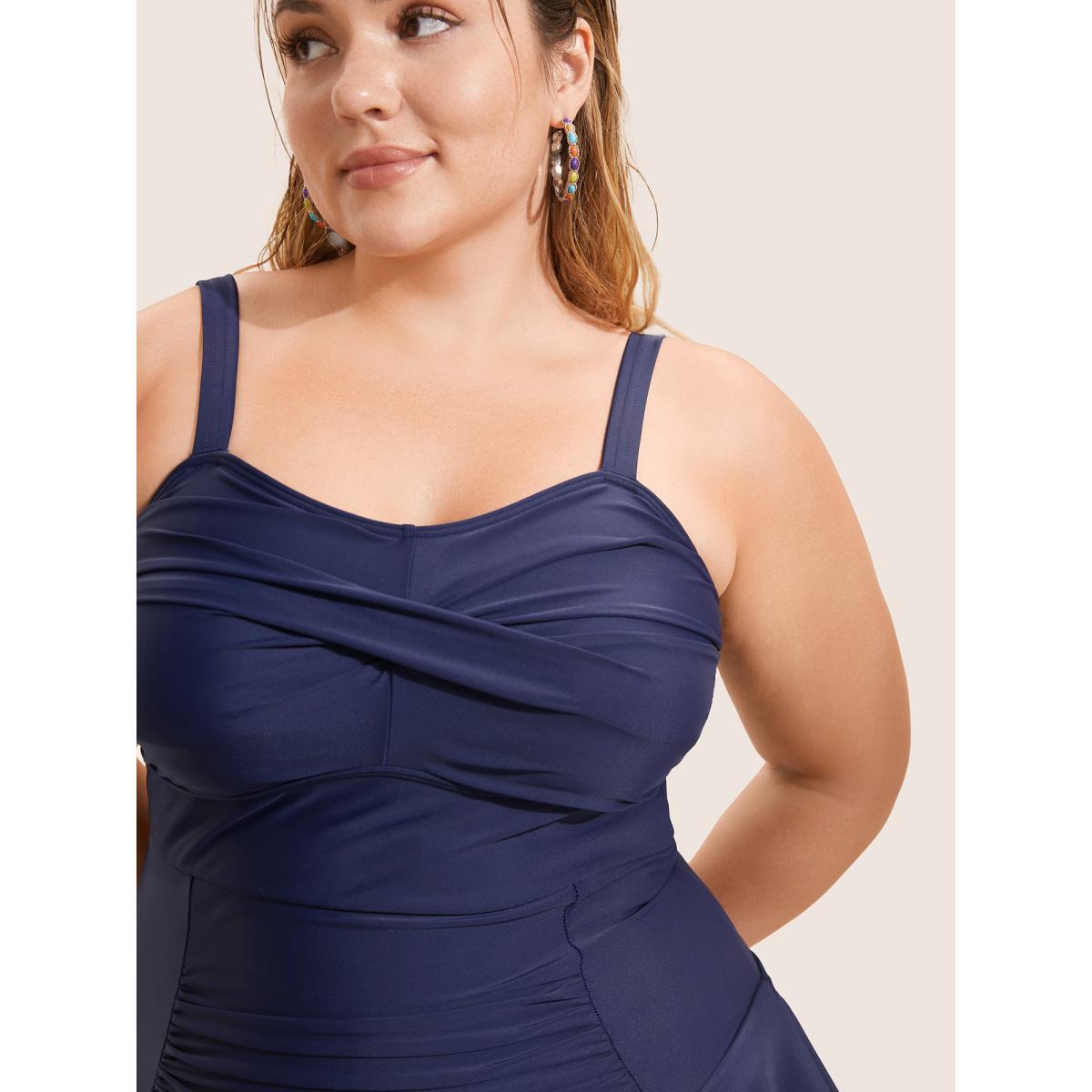Plus Size Plain Crossover Flutter Trim One Piece Swimsuit Women's Swimwear Indigo Beach Curve Bathing Suits High stretch One Pieces BloomChic 12/L Product Image