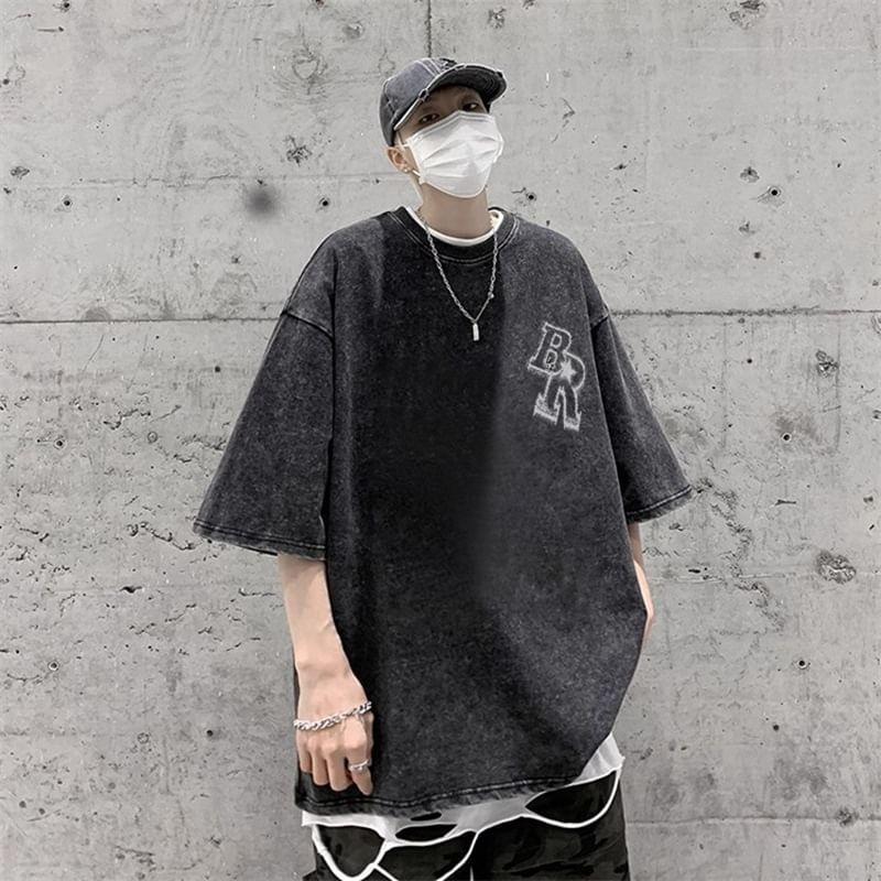 Short-Sleeve Crew Neck Washed Lettering T-Shirt Product Image