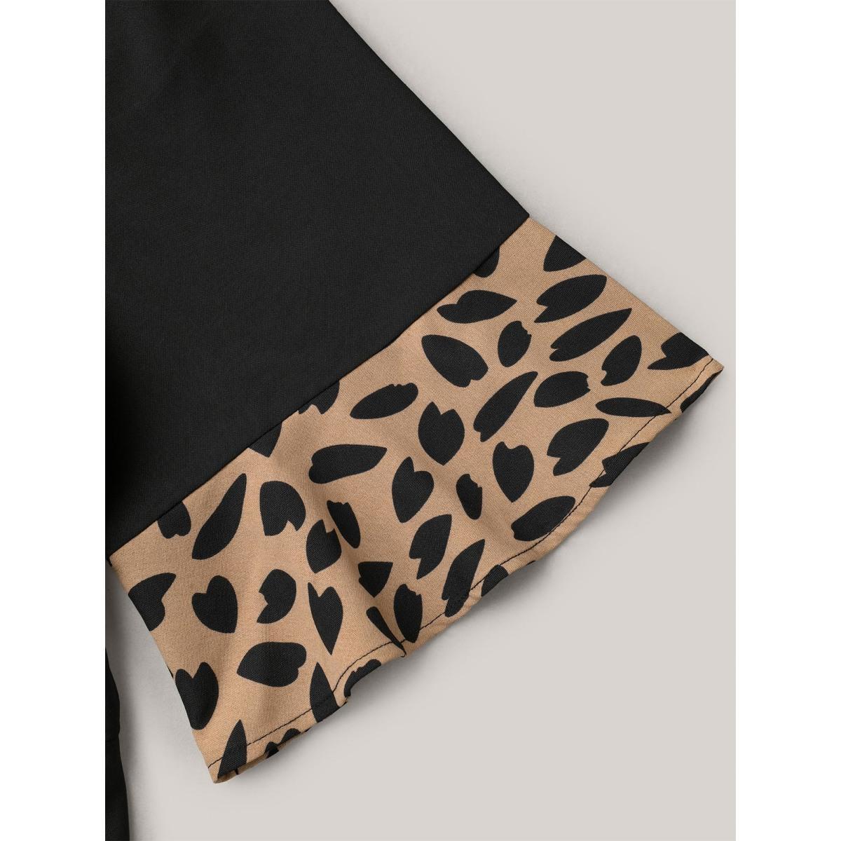 Plus Size Leopard Print Spliced Tiered Midi Dress Black Women Casual Patchwork Flat collar Half Sleeve Curvy BloomChic 14-16/1X Product Image