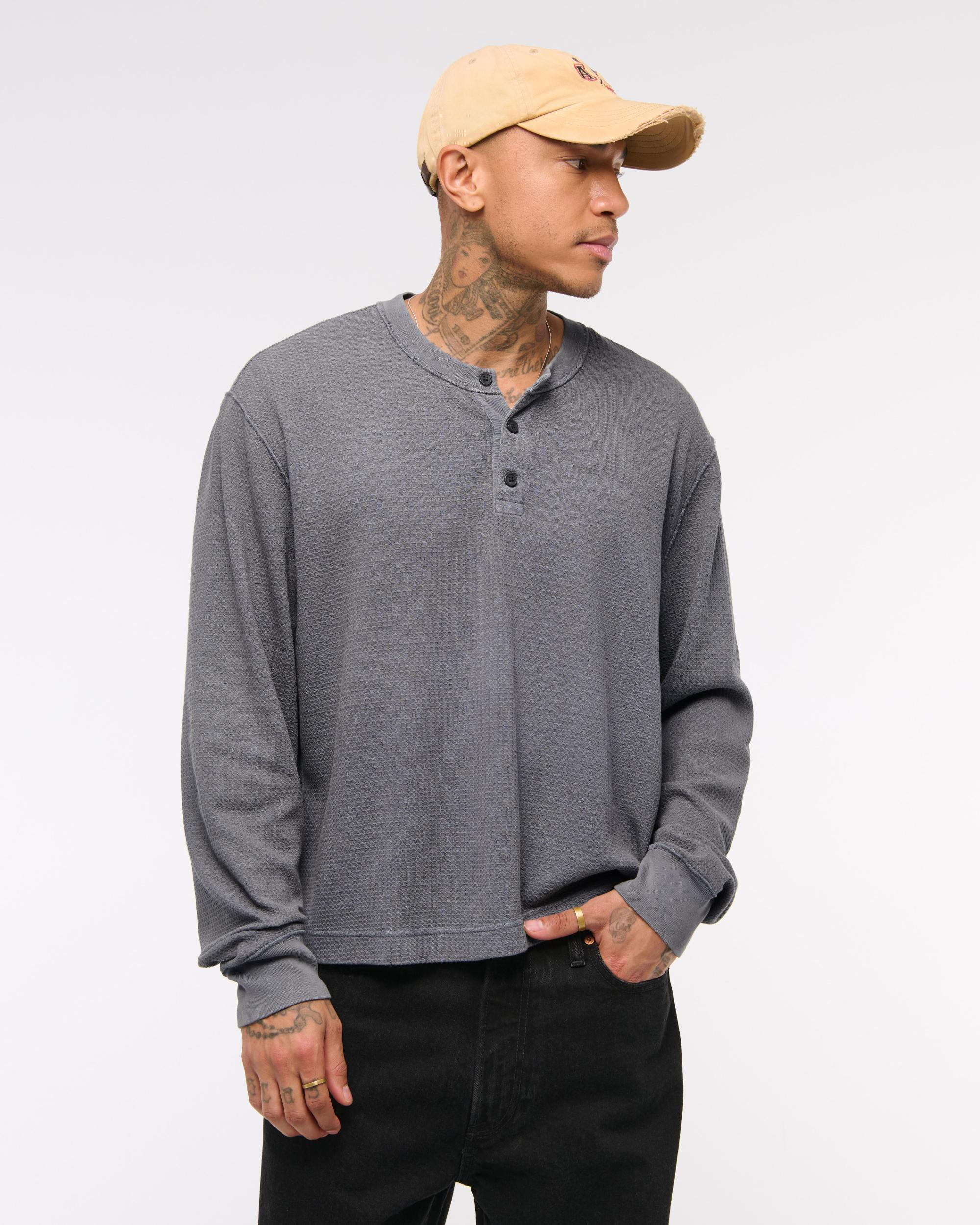 Long-Sleeve Grid Waffle Cropped Henley Product Image