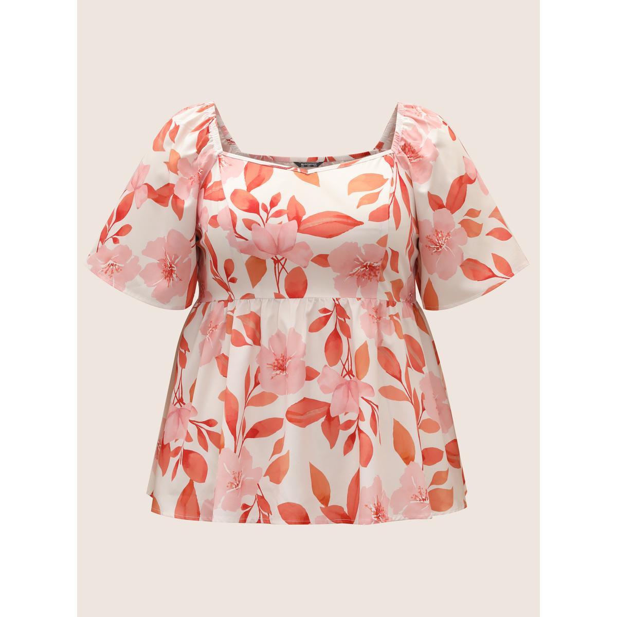 Plus Size Apricot Floral Ruffle Sleeve Elastic Waist Blouse Women Resort Short sleeve Square Neck Vacation Blouses BloomChic 12/L Product Image