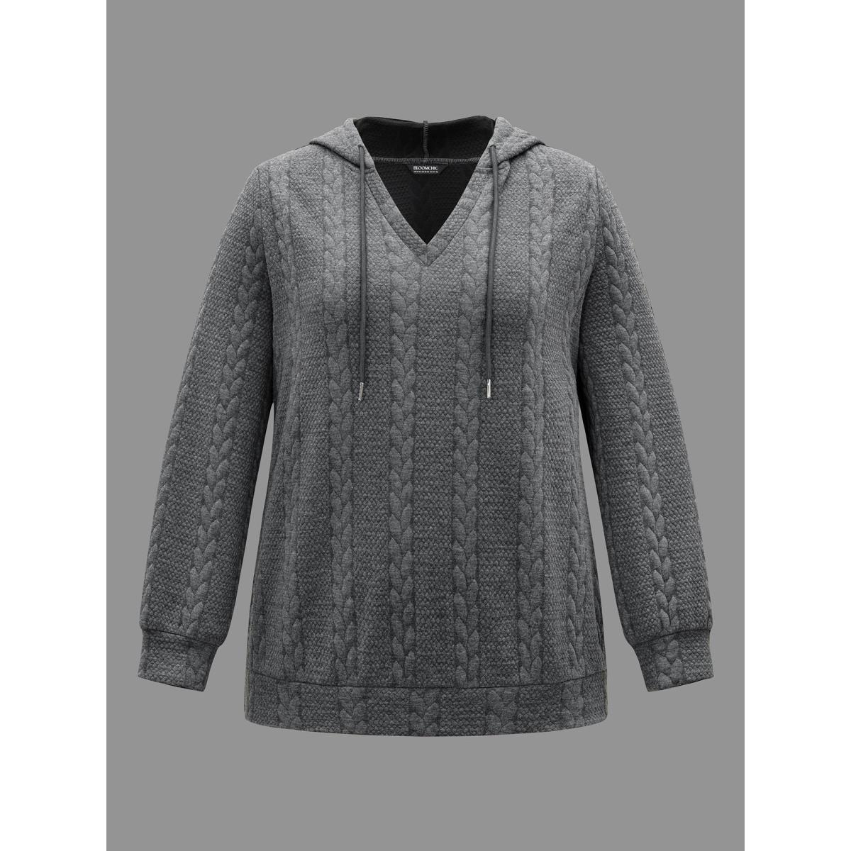 Plus Size Cable Knit V-Neck Ribbed Hem Hoodie Women DimGray Casual Texture Hooded Everyday Sweatshirts BloomChic 18-20/2X Product Image