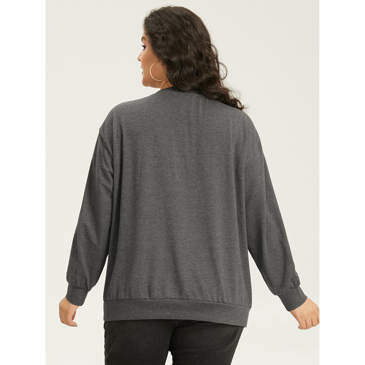Plus Size Solid Button Through Elastic Cuffs Sweatshirt Women DimGray Casual Plain Open Front Dailywear Sweatshirts BloomChic 10/M Product Image