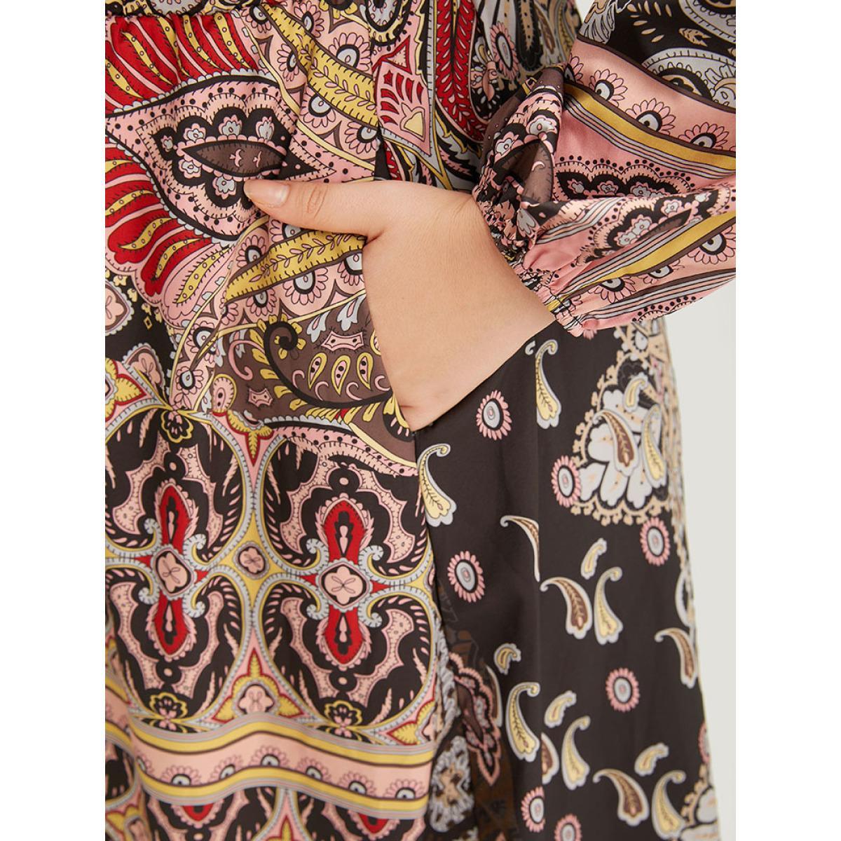 Plus Size Bandana Print Wrap Pocket Lantern Sleeve Dress Multicolor Women Vacation Elastic cuffs V-neck Long Sleeve Curvy Midi Dress BloomChic 10/M Product Image