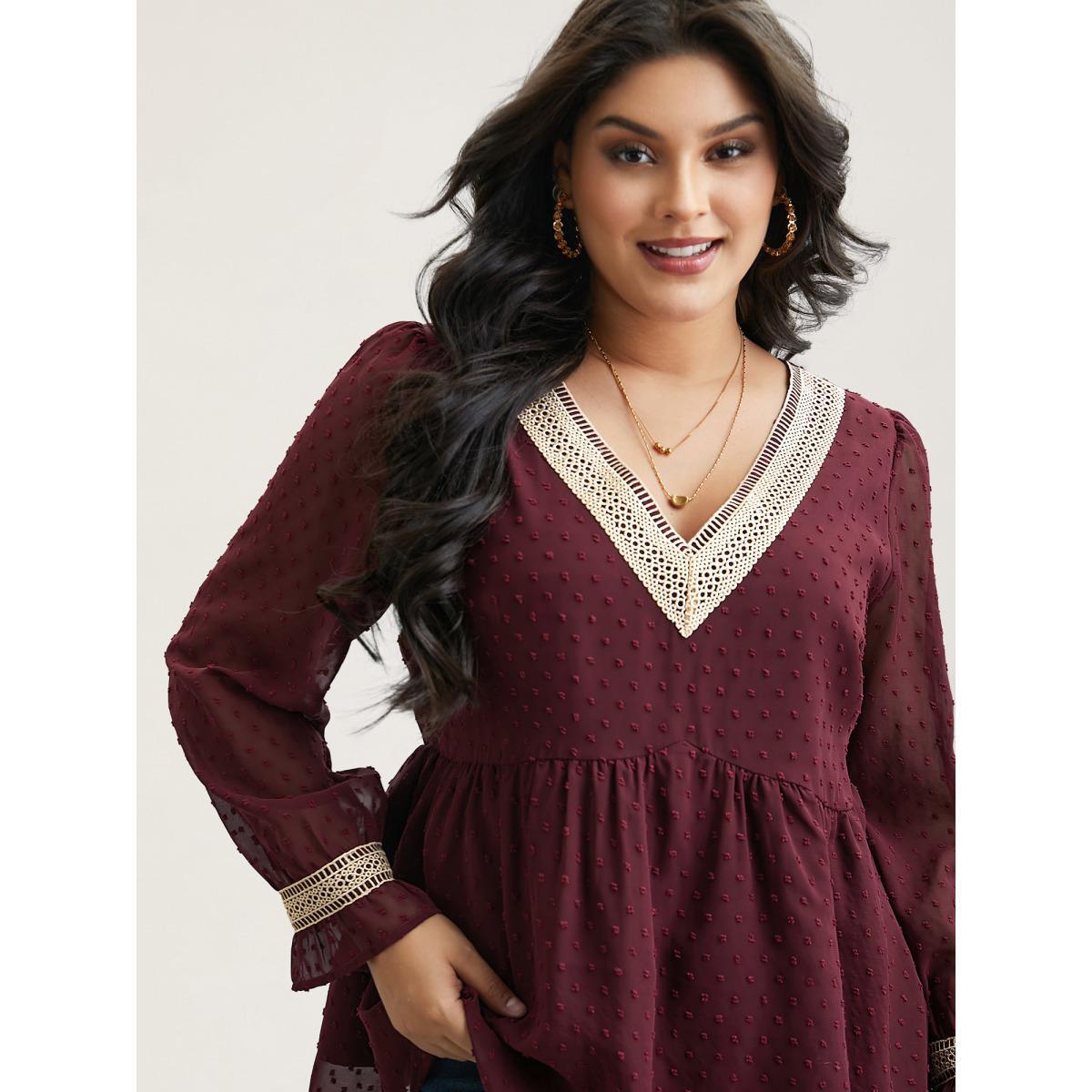 Plus Size Burgundy Contrast Webbing Cut-Out Stretchy-Waist Blouse Women Elegant Extra Long Sleeve V-neck Everyday Blouses BloomChic 12/L Product Image