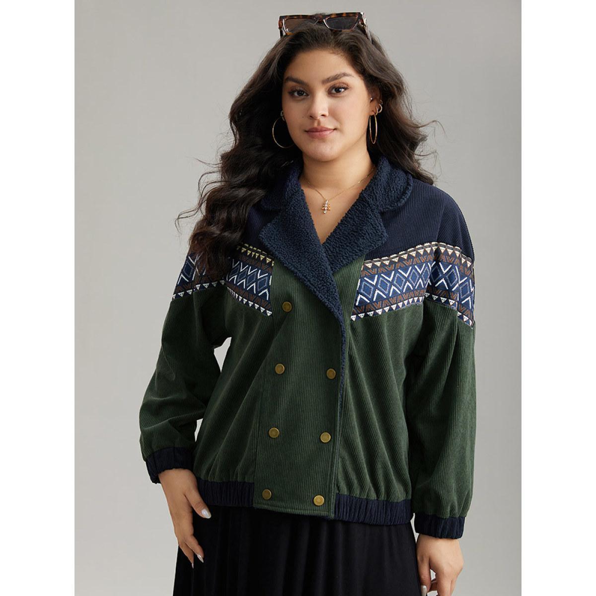 Plus Size Lapel Collar Geometric Patchwork Jacket Women ArmyGreen Elastic cuffs Dailywear Jackets BloomChic 22-24/3X Product Image