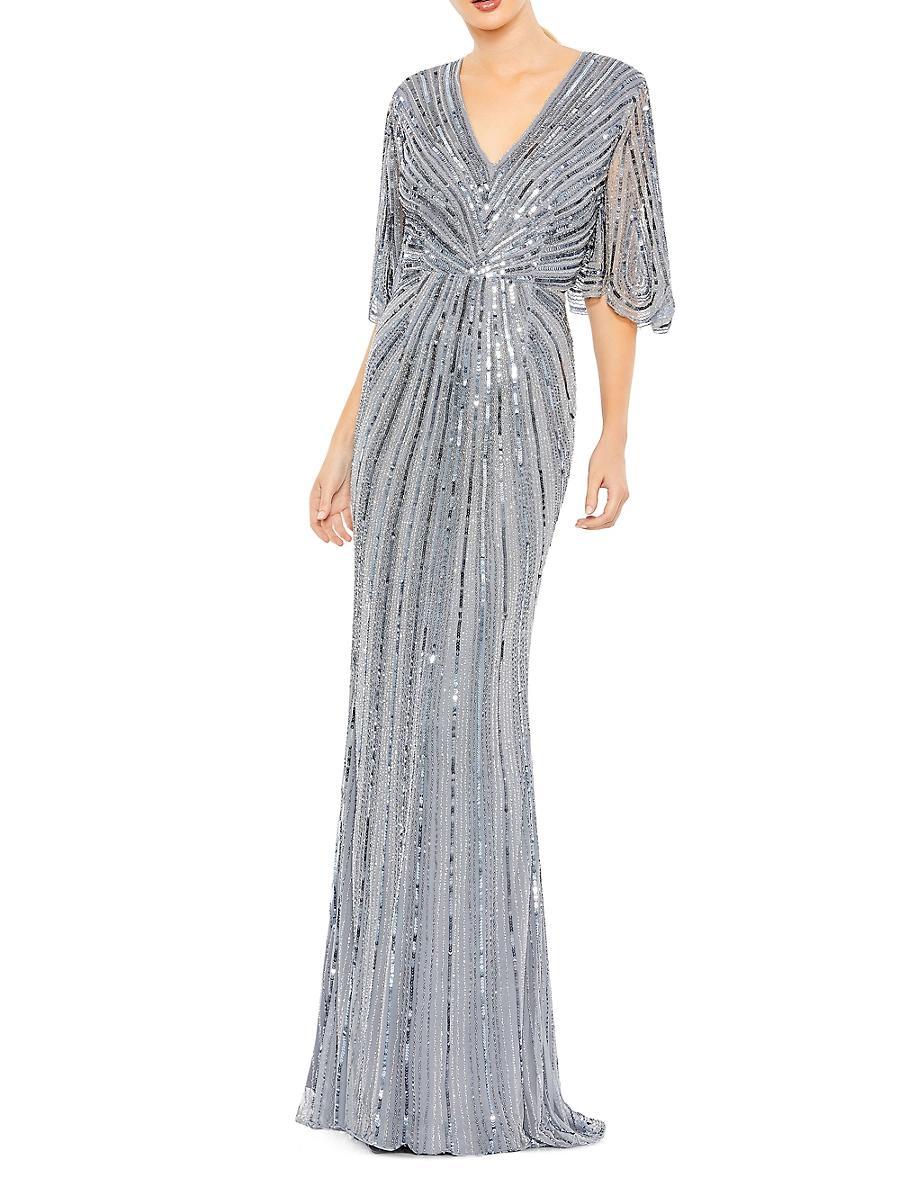 Mac Duggal Sequin Twist Waist V-Neck Flutter Short Sleeve Flutter Hem Sheath Gown Product Image